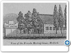 An 1844 view of the Friends Neeting House and the Fire House from Barber and Howe