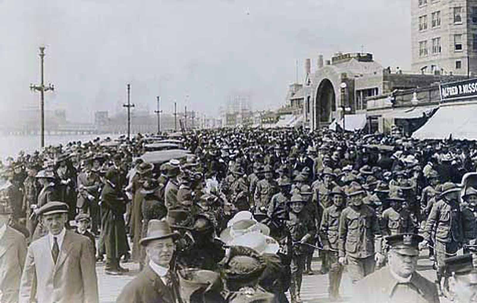 Atlantic City - WWI soldiers on Boardwalk with four unidentified civilians in foreground - around 1917-18